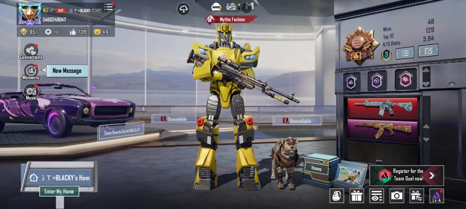 🔫 M416 Glacier Max Lv.7 🦄 52x Mythic Suits 💫Bumble Bee Set 💀 Transformers Set 🐲 Godzilla Set 🐦‍🔥 Rare Emotes 🏹Pharaohs Might M24 💣 Gernades Skins and Much More 💥29x Gunlab Skins  👹127x Total Mythics ✔️ Full Access